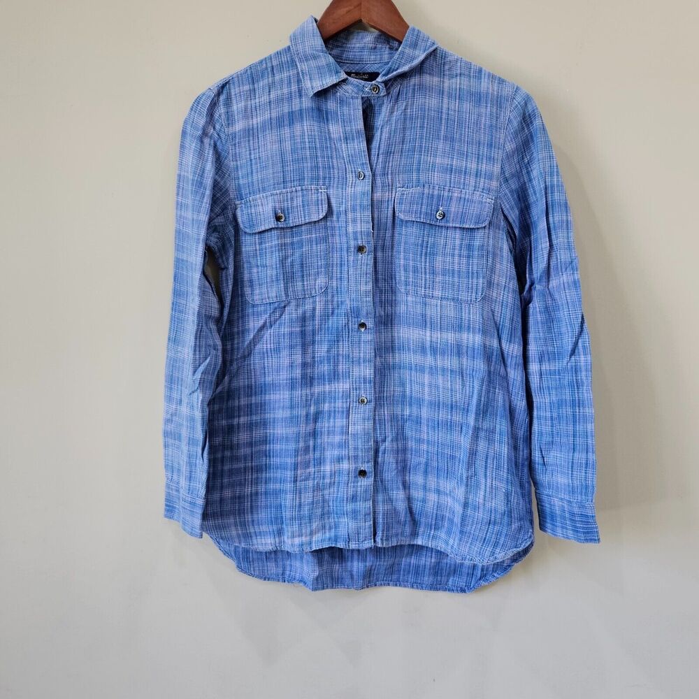 Madewell Womens Ex-Boyfriend Button Down Shirt Small Indigo Weave Longline Boho